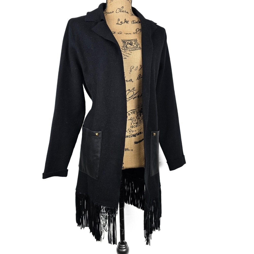 Oliver by Escio Black Cardigan Sweater Faux Leather Fringe Studded‎ Pockets L